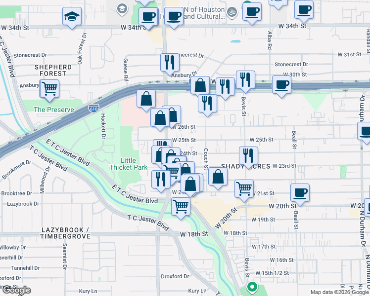 map of restaurants, bars, coffee shops, grocery stores, and more near 1523 West 24th Street in Houston