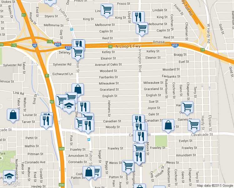 map of restaurants, bars, coffee shops, grocery stores, and more near 515 English Street in Houston