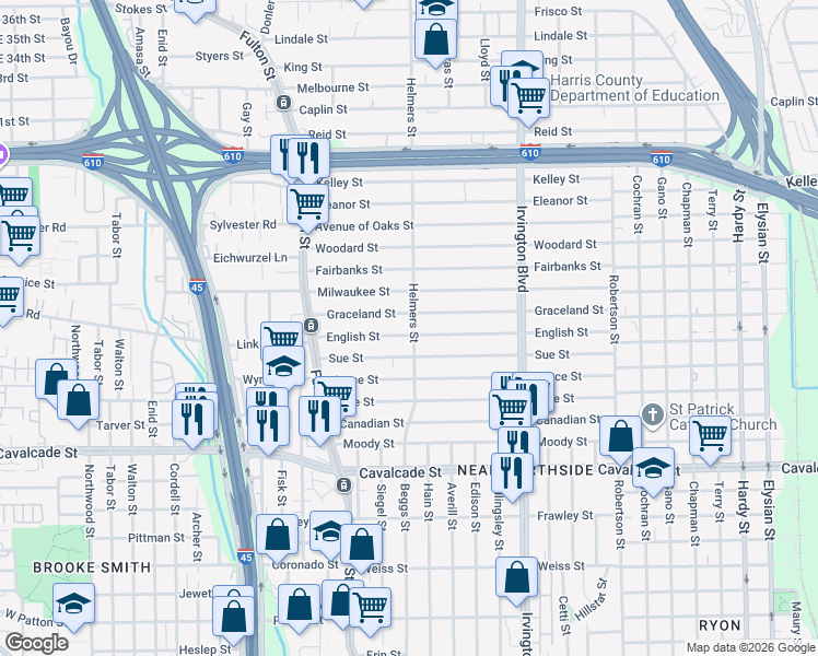 map of restaurants, bars, coffee shops, grocery stores, and more near 415 English Street in Houston