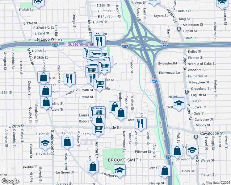 map of restaurants, bars, coffee shops, grocery stores, and more near 612 Hawthorn Grove Lane in Houston