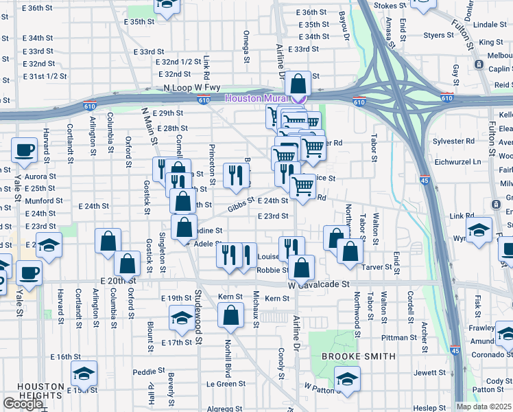 map of restaurants, bars, coffee shops, grocery stores, and more near 31 Baylor Street in Houston