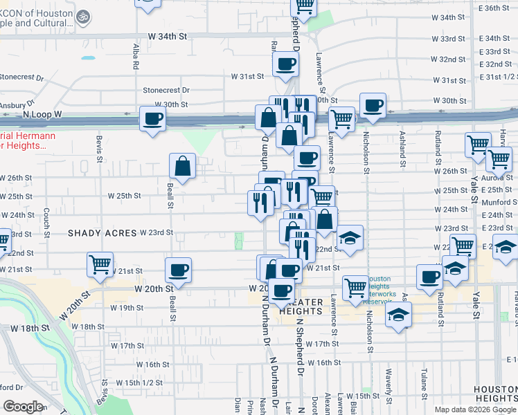 map of restaurants, bars, coffee shops, grocery stores, and more near 735 West 24th Street in Houston