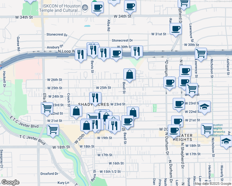 map of restaurants, bars, coffee shops, grocery stores, and more near 1135 West 24th Street in Houston