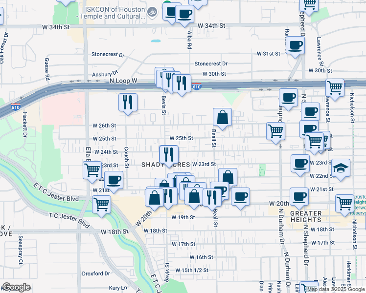 map of restaurants, bars, coffee shops, grocery stores, and more near 1219 West 24th Street in Houston