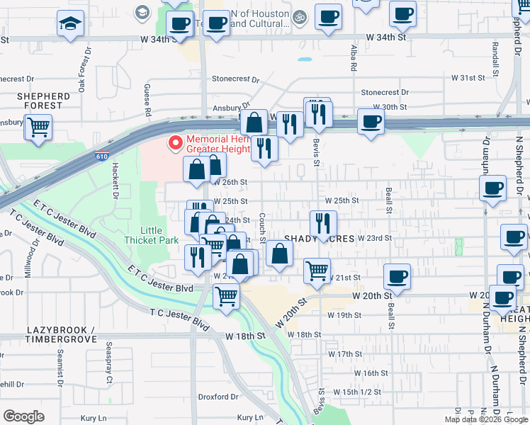 map of restaurants, bars, coffee shops, grocery stores, and more near 1423 West 24th Street in Houston