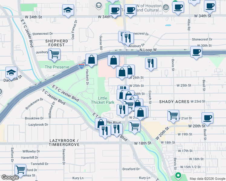 map of restaurants, bars, coffee shops, grocery stores, and more near 1827 West 24th Street in Houston