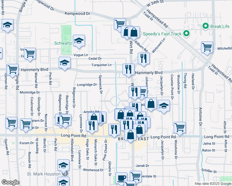 map of restaurants, bars, coffee shops, grocery stores, and more near 7904 Amelia Road in Houston