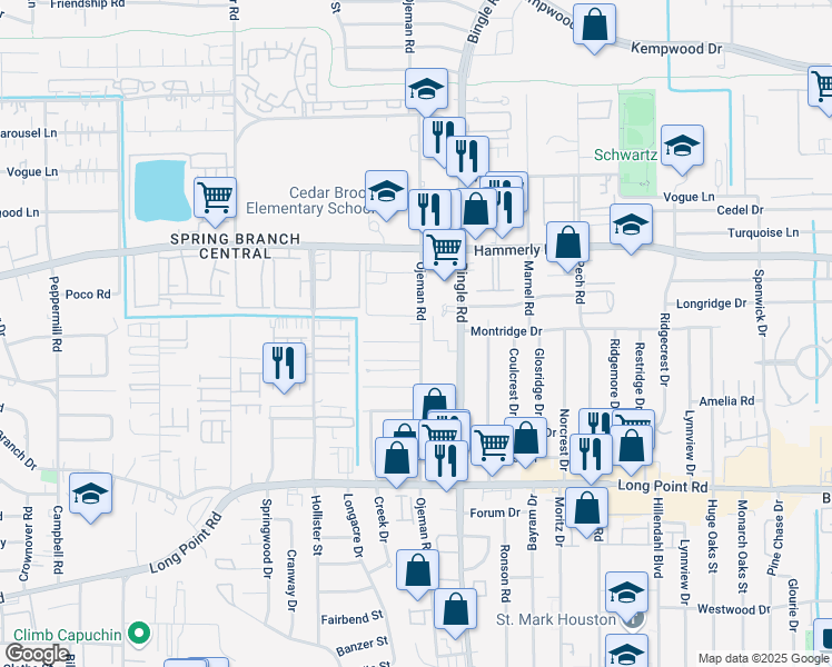 map of restaurants, bars, coffee shops, grocery stores, and more near 1938 Ojeman Road in Houston