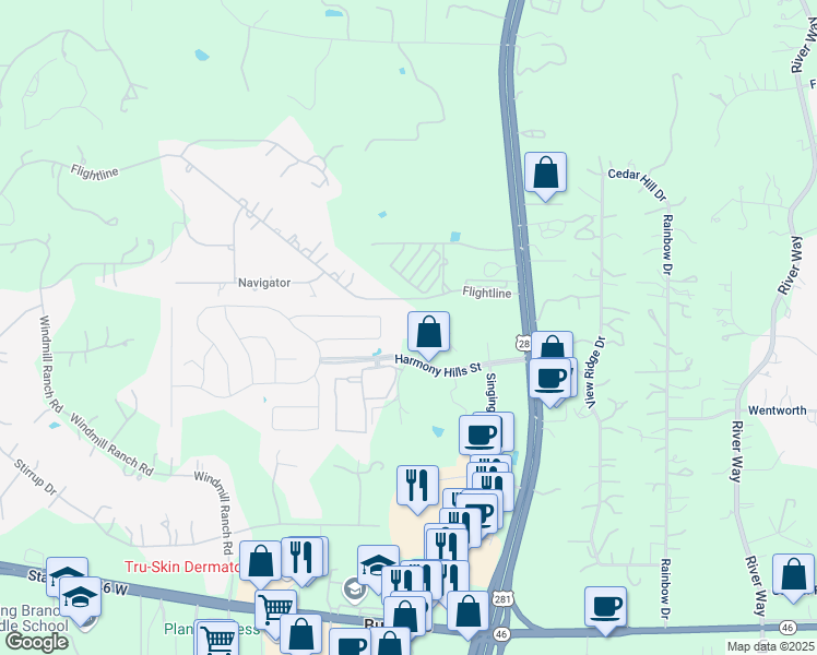 map of restaurants, bars, coffee shops, grocery stores, and more near 384 Harmony Hills street in Spring Branch