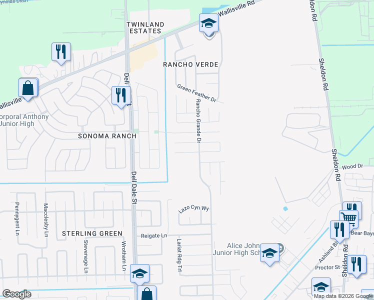 map of restaurants, bars, coffee shops, grocery stores, and more near 16439 Peyton Ridge Circle in Houston