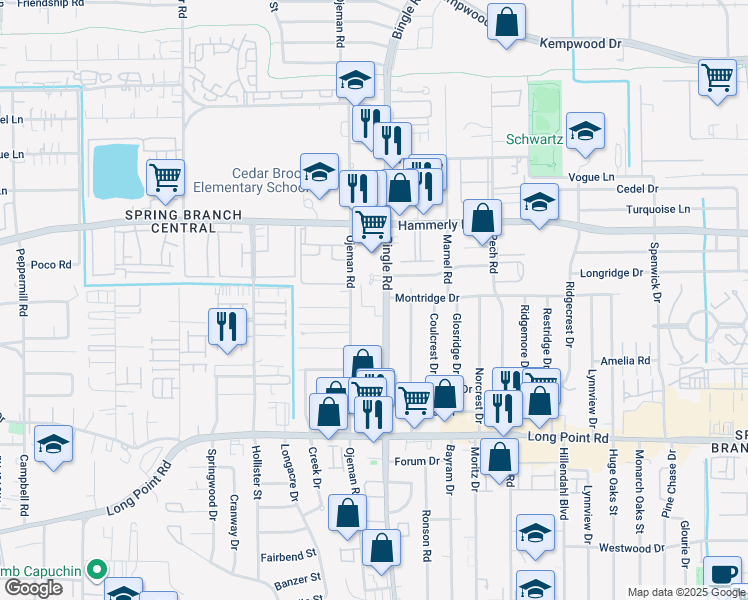 map of restaurants, bars, coffee shops, grocery stores, and more near 1938 Ojeman Road in Houston