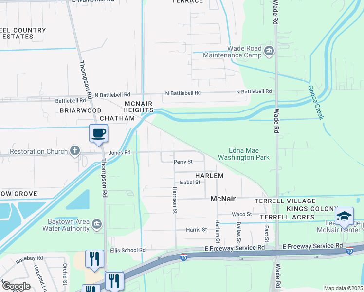 map of restaurants, bars, coffee shops, grocery stores, and more near 2323 Jones Road in Baytown