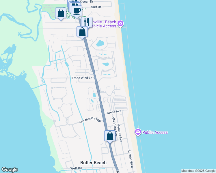 map of restaurants, bars, coffee shops, grocery stores, and more near 357 Royal Caribbean Court in Saint Augustine