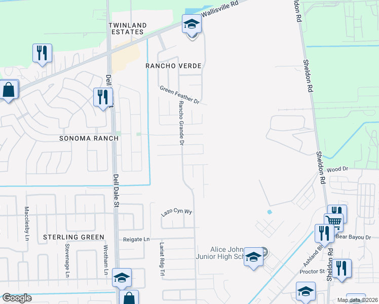 map of restaurants, bars, coffee shops, grocery stores, and more near 16515 Peyton Ridge Circle in Houston