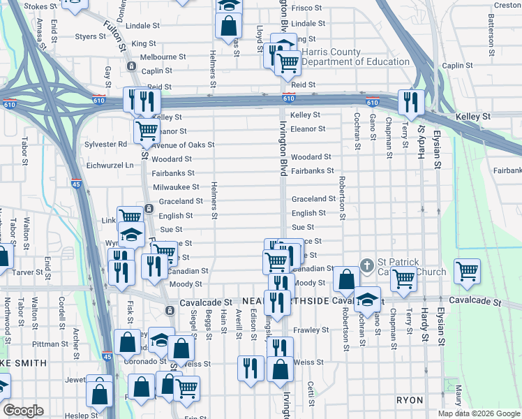 map of restaurants, bars, coffee shops, grocery stores, and more near 703 English Street in Houston