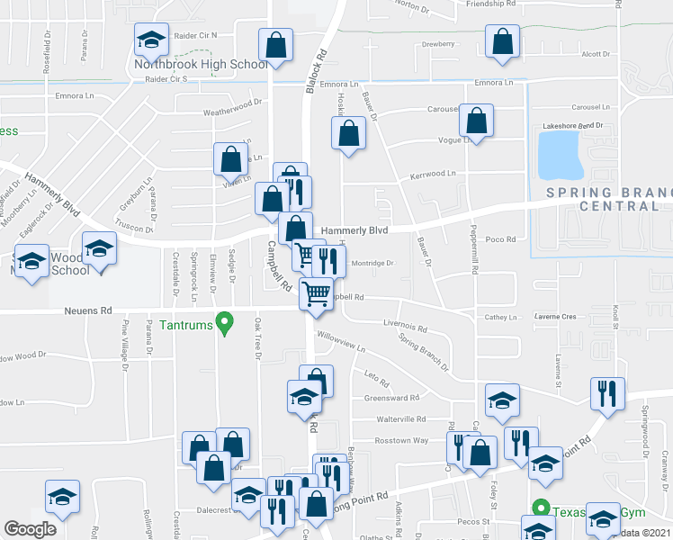 map of restaurants, bars, coffee shops, grocery stores, and more near 1923 Hoskins Drive in Houston