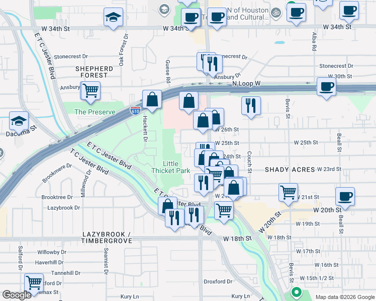 map of restaurants, bars, coffee shops, grocery stores, and more near 1827 West 24th Street in Houston