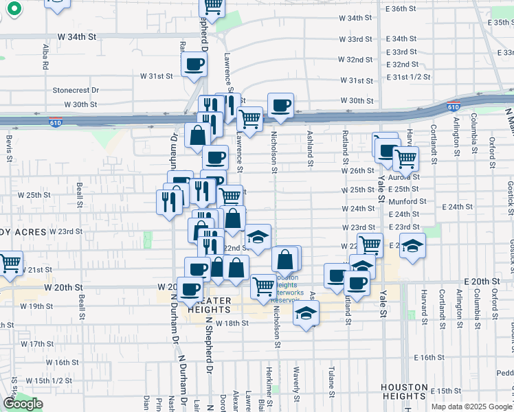 map of restaurants, bars, coffee shops, grocery stores, and more near 2401 Nicholson Street in Houston