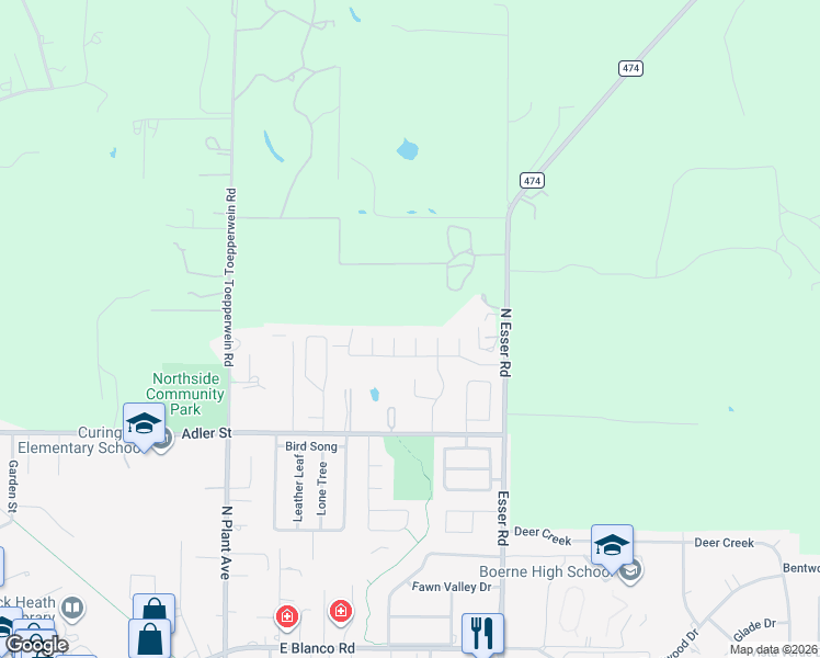map of restaurants, bars, coffee shops, grocery stores, and more near 118 Pocono Road in Boerne