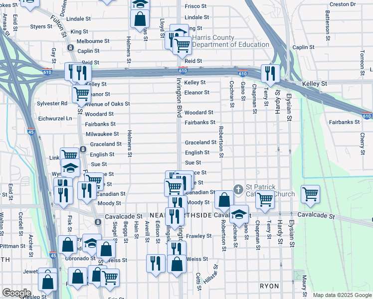 map of restaurants, bars, coffee shops, grocery stores, and more near in Houston