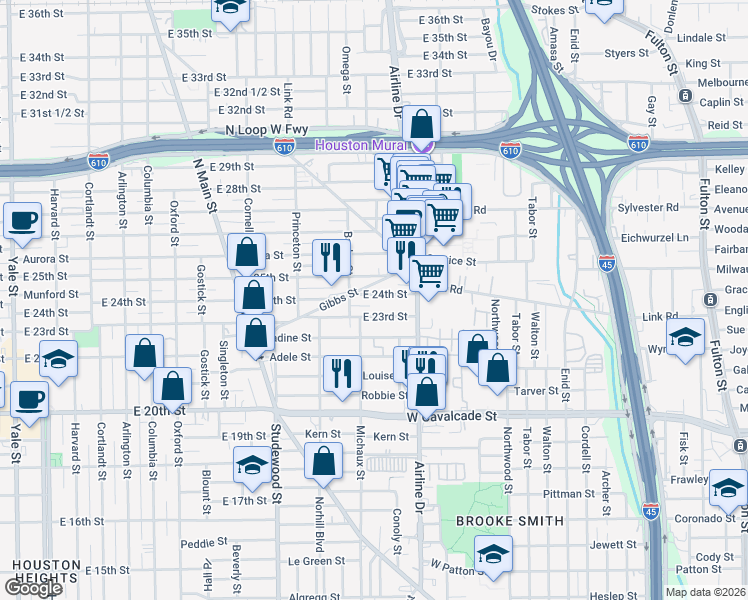 map of restaurants, bars, coffee shops, grocery stores, and more near 1126 East 24th Street in Houston