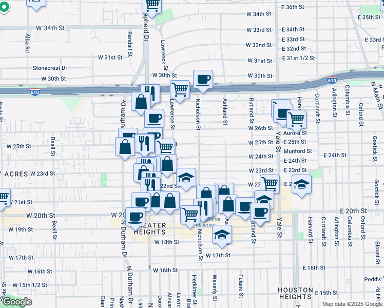 map of restaurants, bars, coffee shops, grocery stores, and more near 525 West 24th Street in Houston