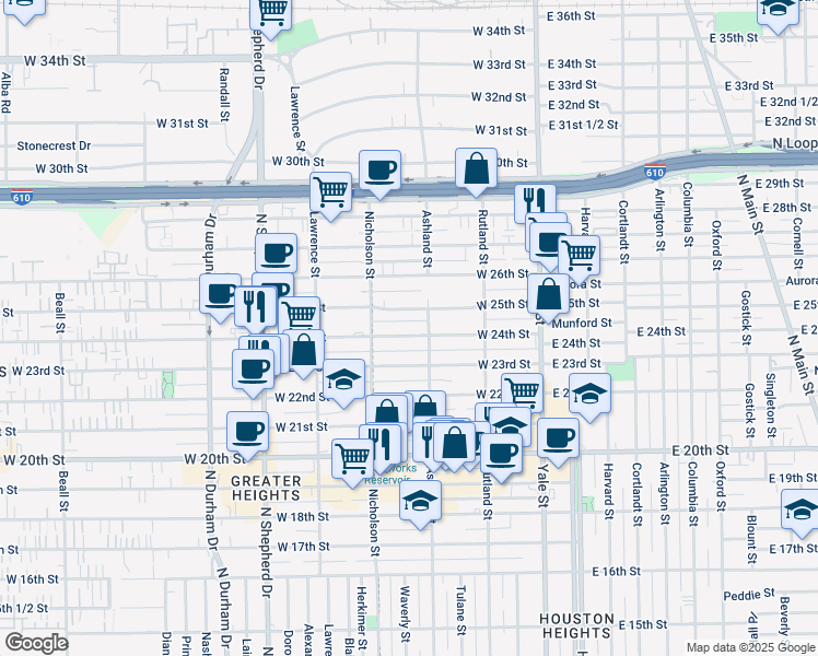 map of restaurants, bars, coffee shops, grocery stores, and more near 419 West 24th Street in Houston