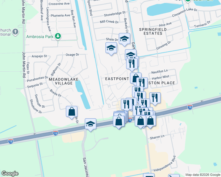 map of restaurants, bars, coffee shops, grocery stores, and more near 7402 Eastpoint Boulevard in Baytown