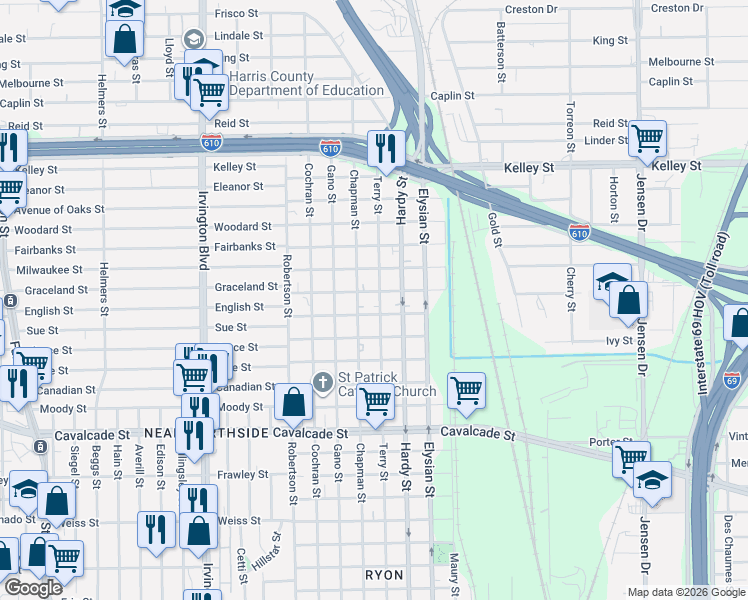 map of restaurants, bars, coffee shops, grocery stores, and more near 5303 Terry Street in Houston