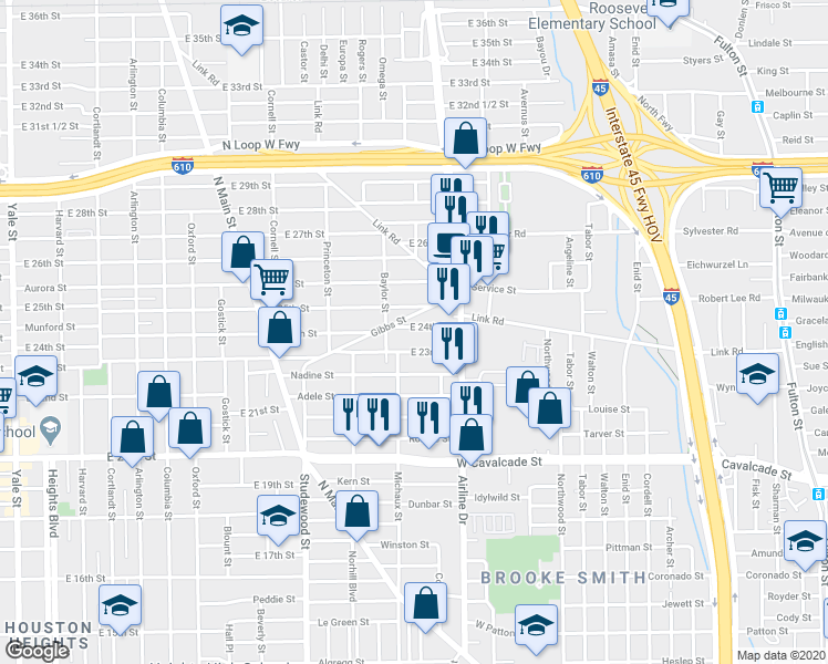 map of restaurants, bars, coffee shops, grocery stores, and more near 1206 East 24th Street in Houston