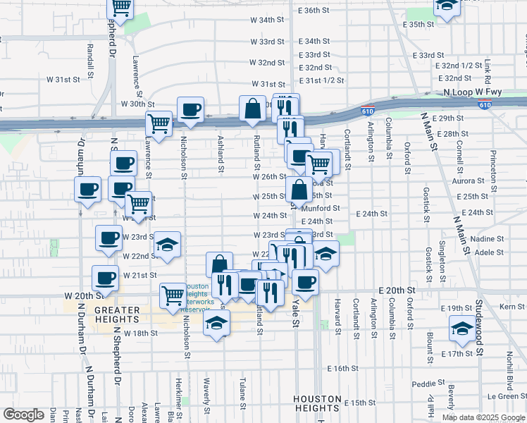 map of restaurants, bars, coffee shops, grocery stores, and more near 300 West 24th Street in Houston