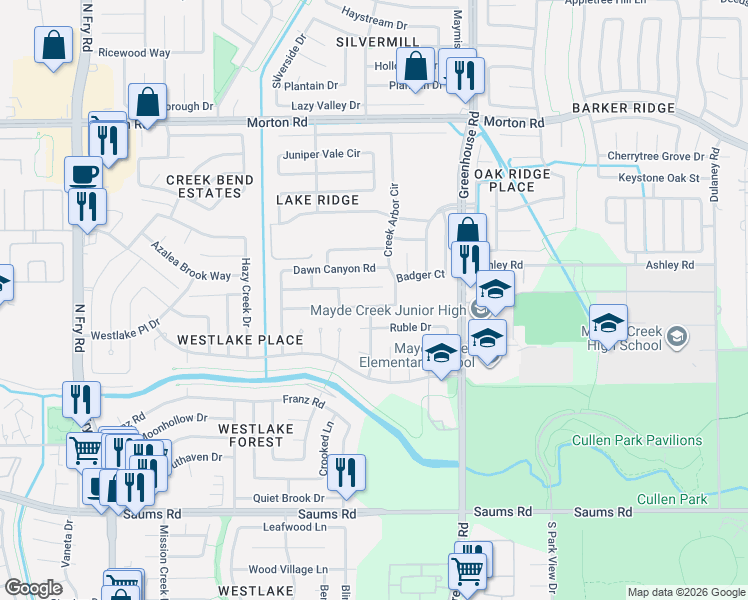 map of restaurants, bars, coffee shops, grocery stores, and more near 19322 Stream Way in Houston
