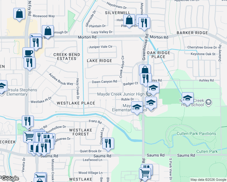 map of restaurants, bars, coffee shops, grocery stores, and more near 19322 Stream Way in Houston