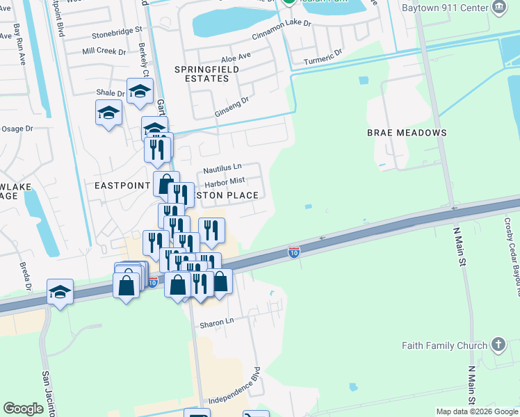 map of restaurants, bars, coffee shops, grocery stores, and more near 5418 Coastline Street in Baytown
