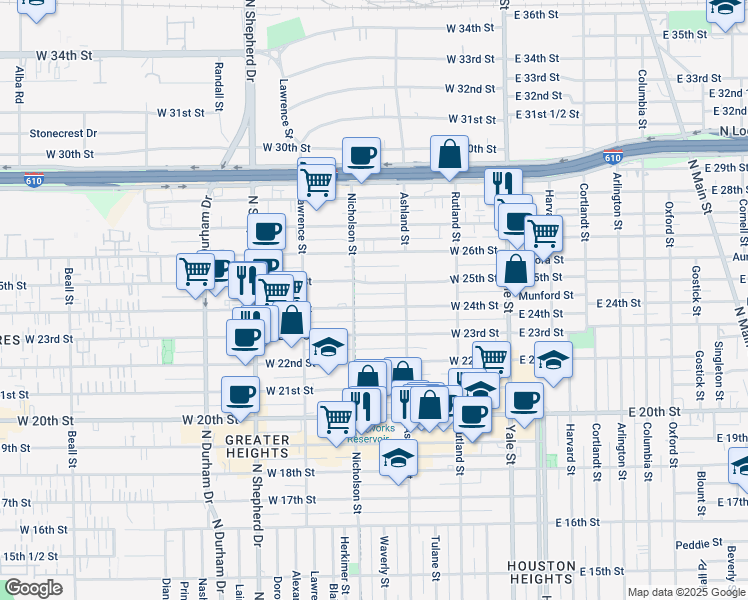 map of restaurants, bars, coffee shops, grocery stores, and more near 433 West 24th Street in Houston