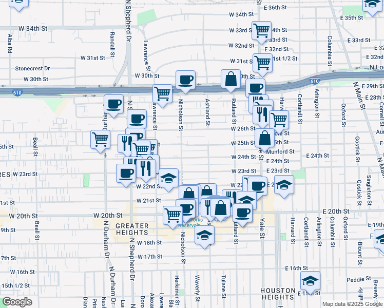 map of restaurants, bars, coffee shops, grocery stores, and more near 433 West 24th Street in Houston