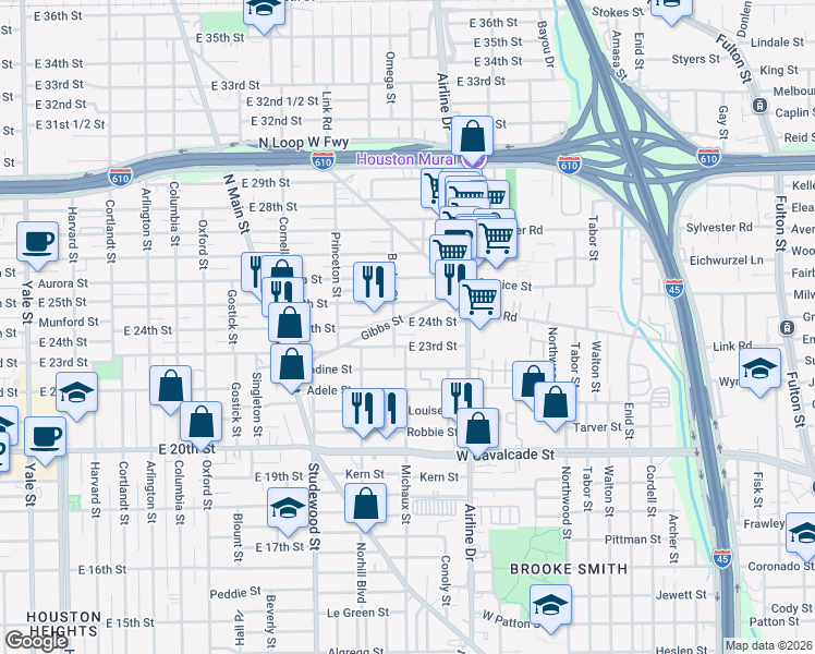 map of restaurants, bars, coffee shops, grocery stores, and more near 1110 East 24th Street in Houston