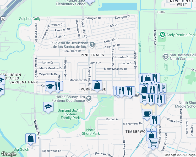 map of restaurants, bars, coffee shops, grocery stores, and more near 14435 Morinscott Drive in Houston