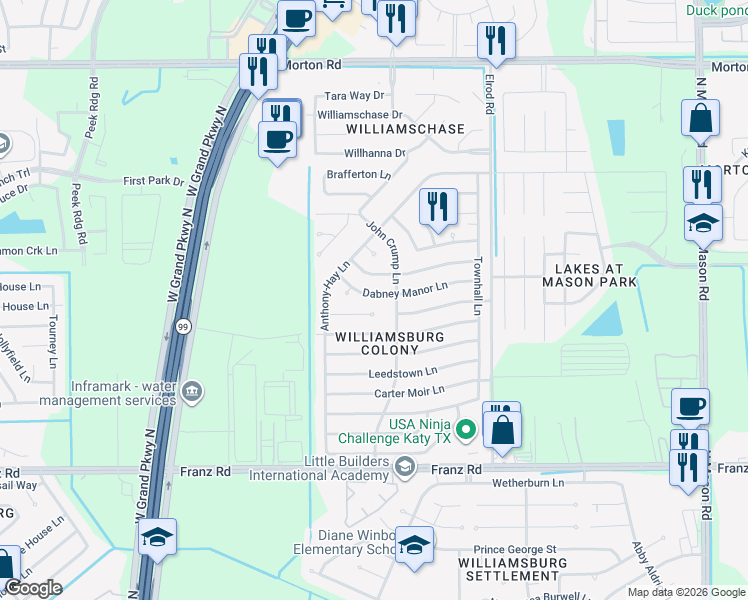 map of restaurants, bars, coffee shops, grocery stores, and more near 22802 Capitol Landing Lane in Katy