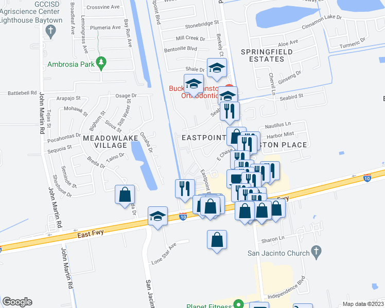 map of restaurants, bars, coffee shops, grocery stores, and more near 7448 Eastpoint Boulevard in Baytown