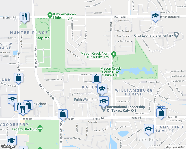 map of restaurants, bars, coffee shops, grocery stores, and more near 2410 Lakecrest Terrace Court in Katy