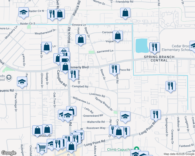 map of restaurants, bars, coffee shops, grocery stores, and more near 9303 Hammerly Boulevard in Houston