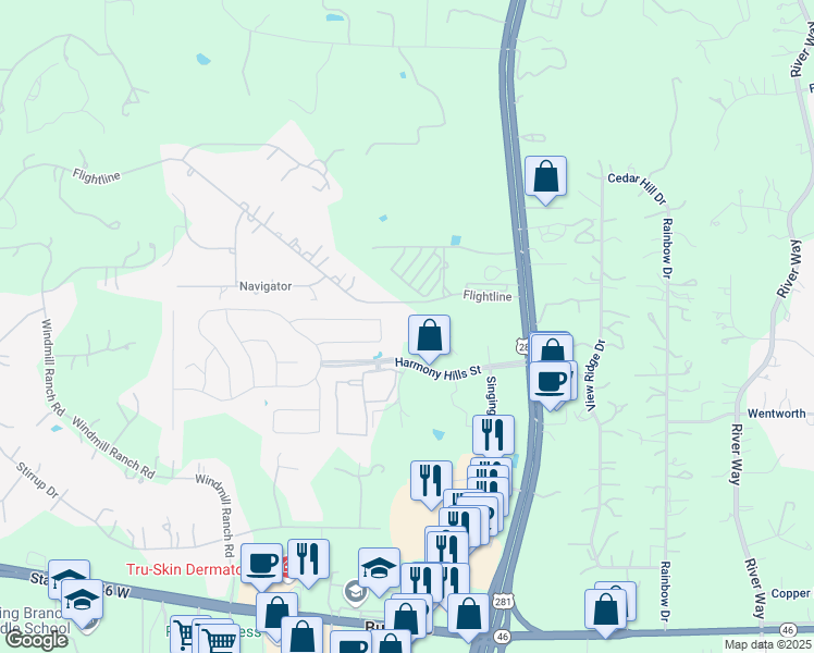 map of restaurants, bars, coffee shops, grocery stores, and more near 384 Harmony Hills street in Spring Branch