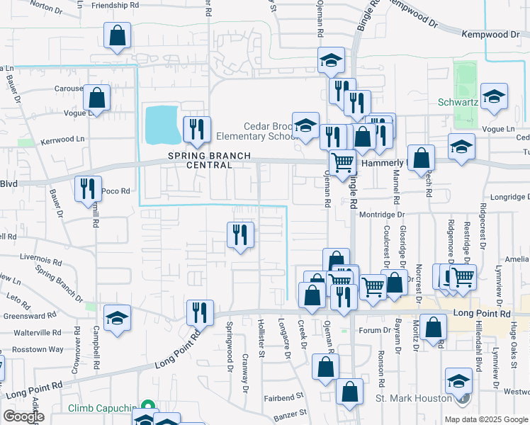 map of restaurants, bars, coffee shops, grocery stores, and more near 1920 Hollister Street in Houston
