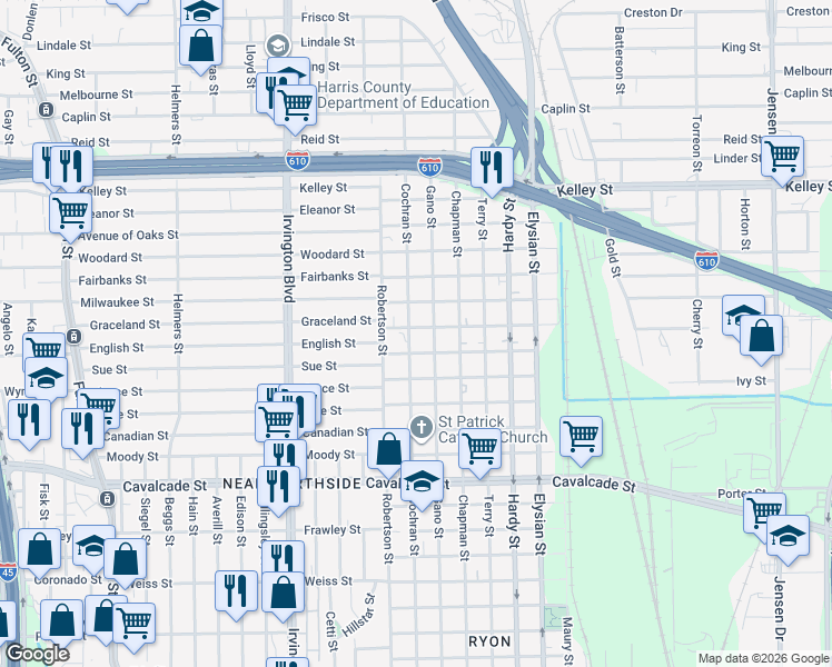 map of restaurants, bars, coffee shops, grocery stores, and more near 5335 Cochran Street in Houston