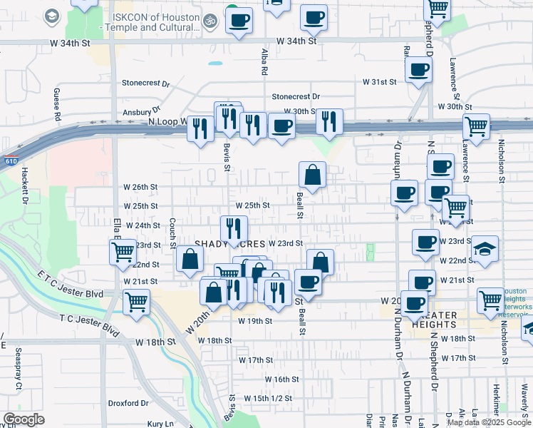 map of restaurants, bars, coffee shops, grocery stores, and more near 1135 West 24th Street in Houston