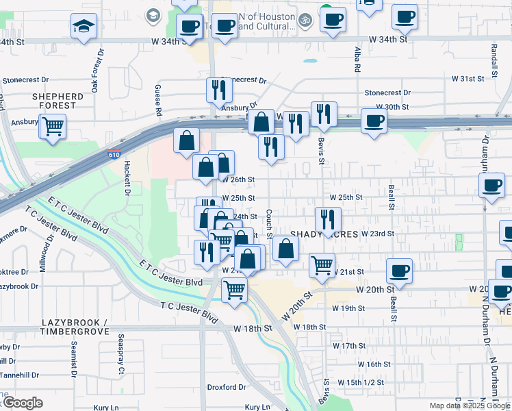 map of restaurants, bars, coffee shops, grocery stores, and more near 1523 West 24th Street in Houston
