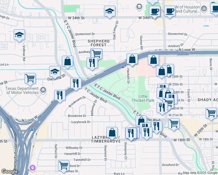 map of restaurants, bars, coffee shops, grocery stores, and more near 2300 Pinegate in Houston