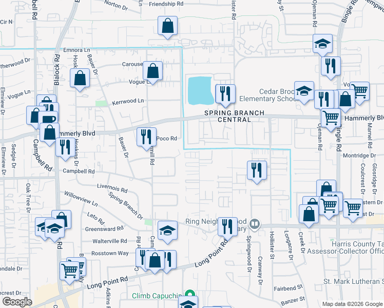map of restaurants, bars, coffee shops, grocery stores, and more near 1945 Laverne Street in Houston