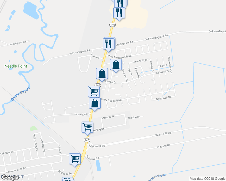 map of restaurants, bars, coffee shops, grocery stores, and more near 7942 Brookfield Street in Baytown